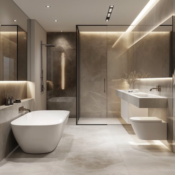 Bathroom with freestanding tub and marble finishes