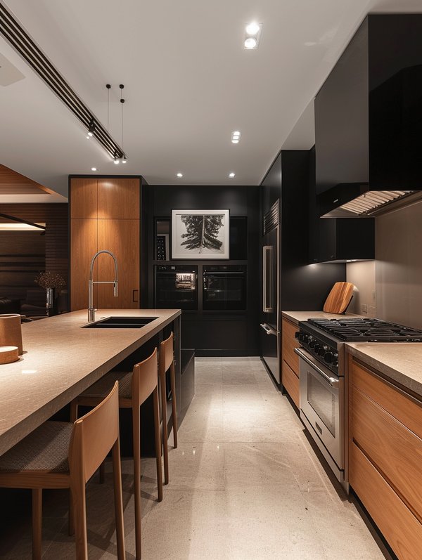 Kitchen styled with a black and white gallery wall