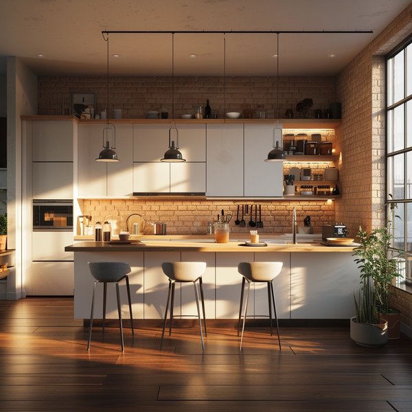 Kitchen with exposed brick and pendant lighting