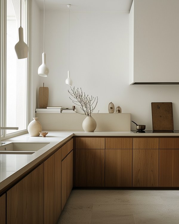 Kitchen with white counters and timber cabinets